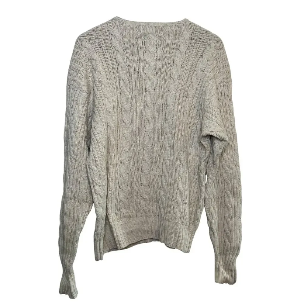 Vintage Polo Ralph Lauren Hand Knit Cream Cotton Cable Knit V-Neck XL Sweater